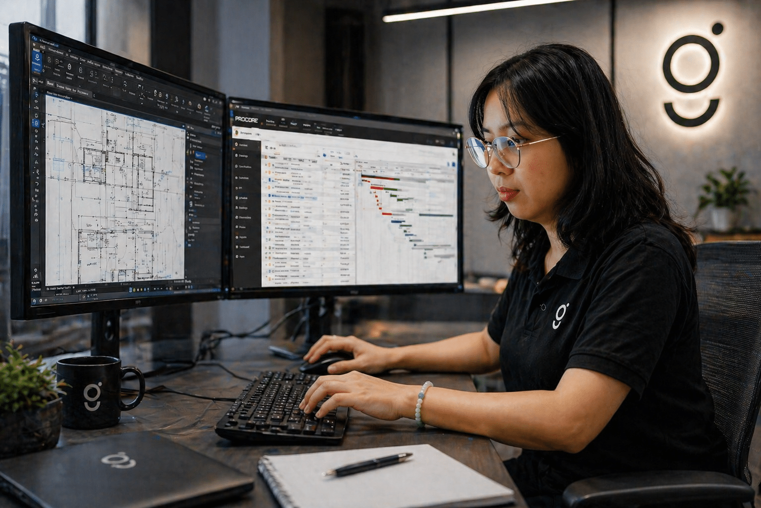 Offshore construction estimator working on multiple monitors